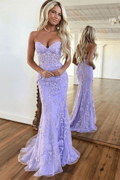 2025 Long Mermaid Purple Lace Prom Dresses Violet Strapless Formal Dress
