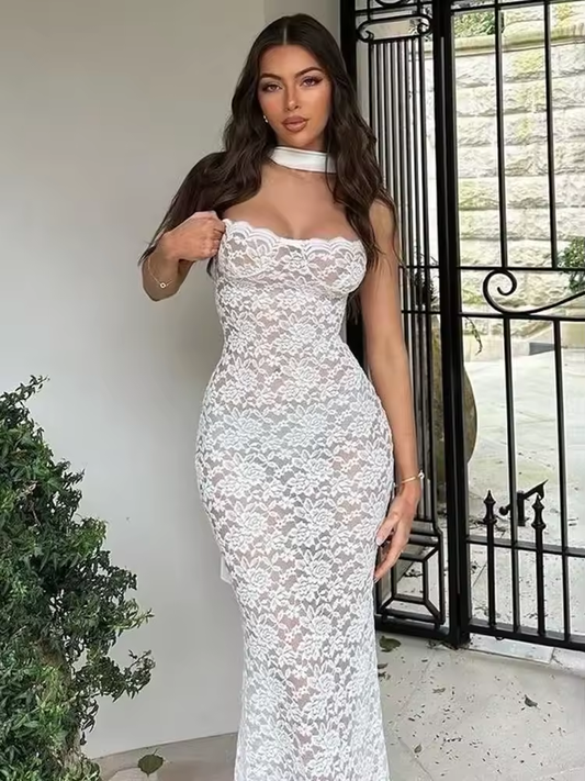 Sexy Lace Strapless Dress Female See Through Ribbon Long Dress Slim Hot Girl Sleeveless Beach Party Dress Lady New 2025