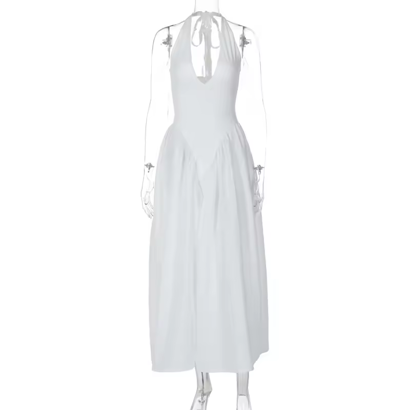 Sexy Deep V Hollow Halterneck Large Hem Dress For Women Solid High Waisted Backless Splice Summer New Vacation Long Dress