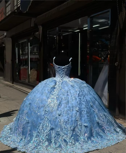 Sky Blue Princess 15 Quinceanera Dresses Luxury Spaghetti Strap Dazzling Applique Strap Shawl Vestido 15 Años Quinceañera Custom