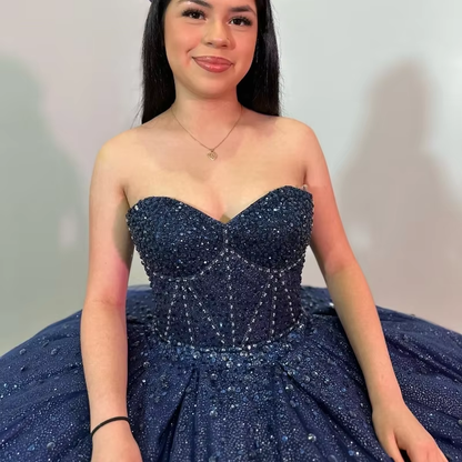 Glittering Navy Blue Quinceanera Dresses Vestidos De 15 Anos Sweetheart Luxury Beading Crystal Formal Princess Gown