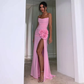 Elegant Pink Prom Maxi Dress 2025 New Strapless High Slit Formal Occasion Dresses with Handmade Flower Women Evening Party Dress