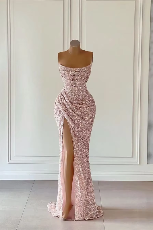 Customized Pink Glitter Prom Dresses Women Backless Strapless Side Slit Mermaid Cocktail Party Dress