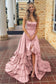 Scoop Neck A Line Lace-Up Ruffle Tiered Red Prom Dress with Slit