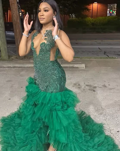 Emerald Green Crystal Ruffle Mermaid Prom Dresses Long for Arabic Women 2025 with Slit Glittler Tulle Formal Evening Gowns