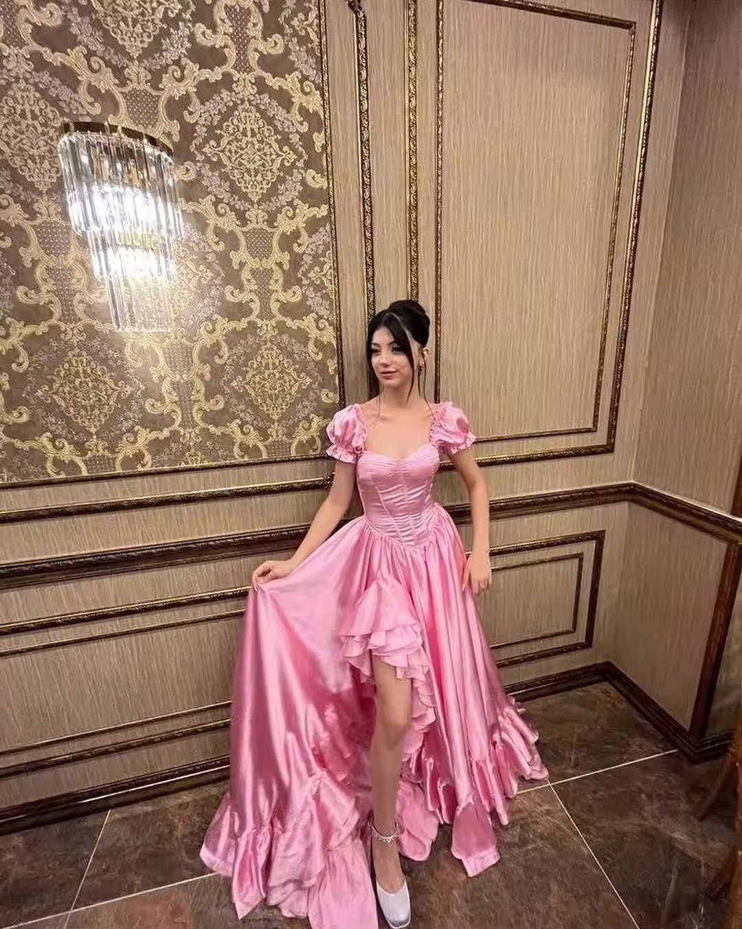 custom Elegnant A-line Pink Princess Corset Dress Birthday Evening Party Dresses with Ruffled Leg Split Special Occasion Gown