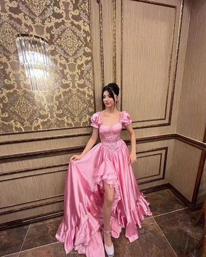custom Elegnant A-line Pink Princess Corset Dress Birthday Evening Party Dresses with Ruffled Leg Split Special Occasion Gown