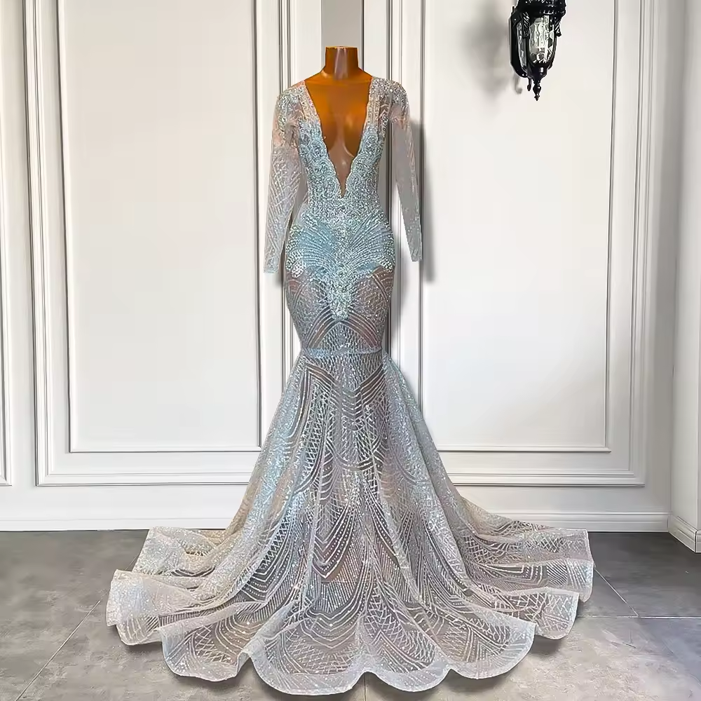 Long Sleeve Prom Dresses 2025 Sexy Sparkly Luxury Mermaid Style See Through Silver Diamond Black Girl Prom Party Gala Gowns