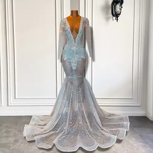 Long Sleeve Prom Dresses 2025 Sexy Sparkly Luxury Mermaid Style See Through Silver Diamond Black Girl Prom Party Gala Gowns