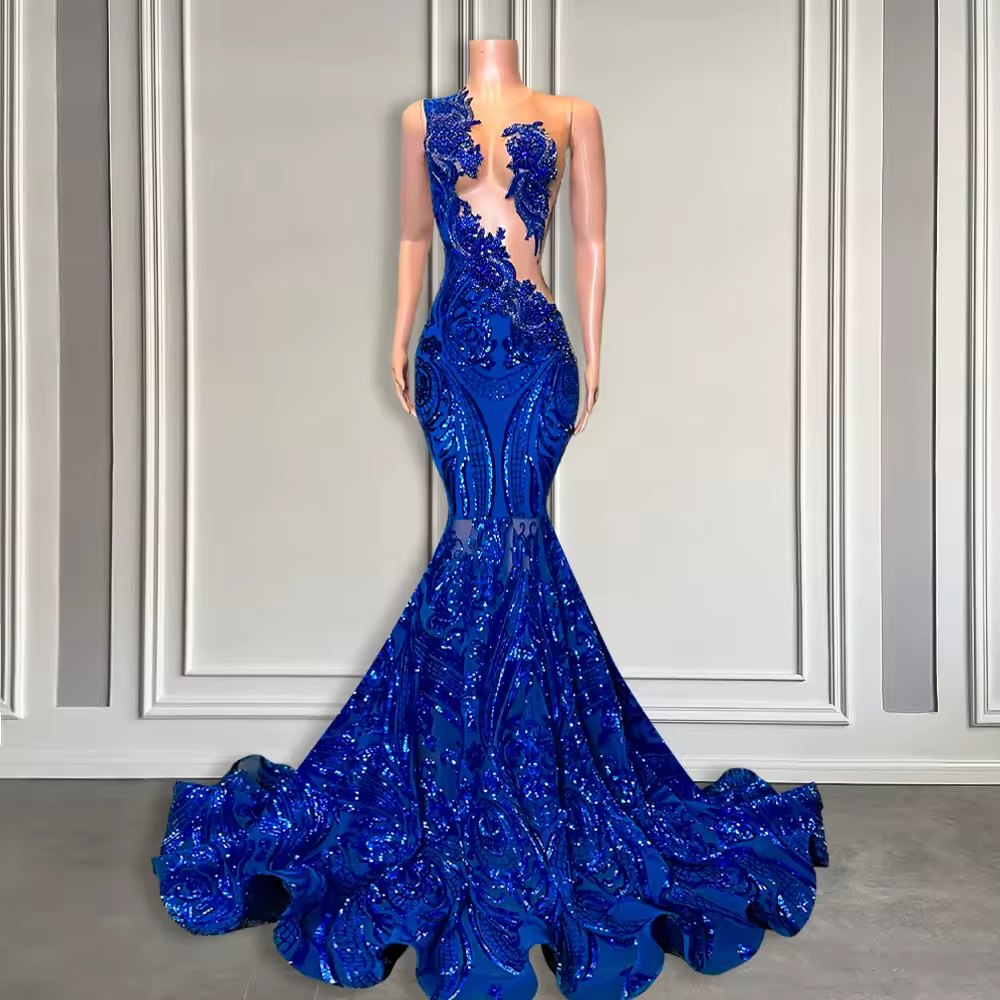 Elegante vestido de fiesta de sirena azul real para chica negra, con encaje brillante y lentejuelas, para mujer africana, largo, para fiesta de graduación y cumpleaños, personalizado.