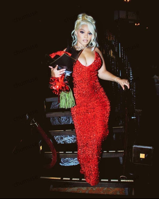 Mermaid Sweetheart Red Sequin Long Party Dress Prom Dresses