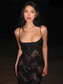 Sleeveless See Through Lace Patchwork Cami Maxi Dress Backless Lace Up Sexy Outfit Party Clubwear Autumn Winter