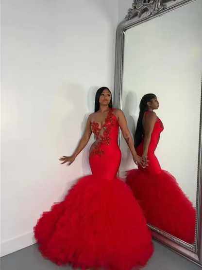 Robe de bal sirène rouge de luxe 2025, dos nu, perles, diamants, volants étagés, robes de soirée d'anniversaire personnalisées