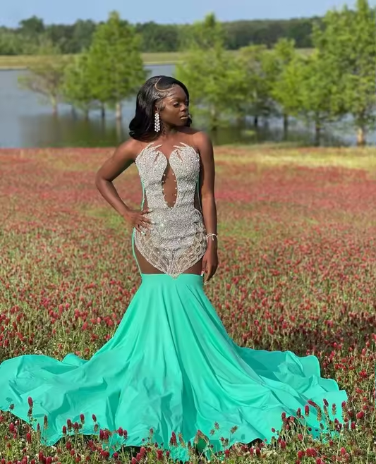 Green Sparkly Mermaid Long Prom Ceremony Dresses for Black Girl Diamond Sheer Evening Birthday Gala Dress customsized