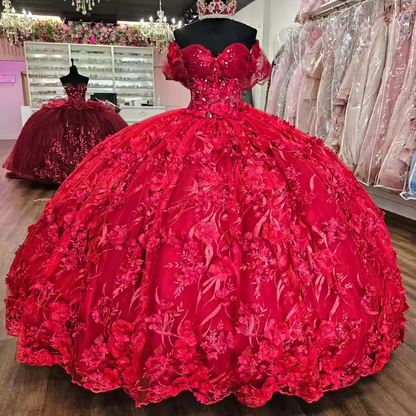 Red Shiny Quinceanera Dresses Ball Gown Off The Shoulder Applique Flower Beading Crystal Tull Party Birthday Sweet 16 Dress Vest