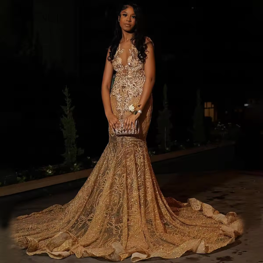 Crystal Luxury Mermaid Prom Dresses For Black Girls Diamond Lace Sleeveless Evening Party Gowns Formal vestidos de gala