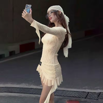 Backless Bandage Long Sleeve Dress For Women Women Sexy Y2K Lace Splice Ruched Ribbons Slim Fit Hot Girl Club Party Dress