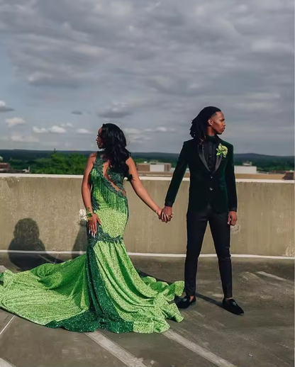 Emerald Green Trumpet Evening Formal Dress customsized Sparkly Crystal Black girl Couple Birthday Homecoming gown Velvet