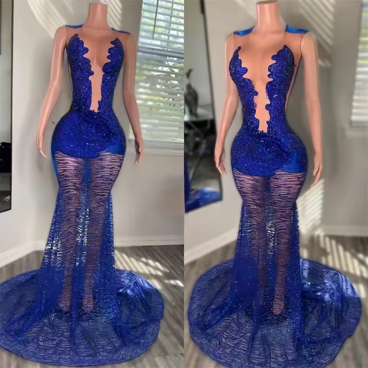 Royal Blue Long Prom Dresses For Black Girl Bead Crystal Rhinestone Evening Dress 2025 Birthday Luxury Dresses Customized