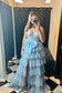 Vestido formal largo con volantes y apliques de lentejuelas azul claro de escote corazón