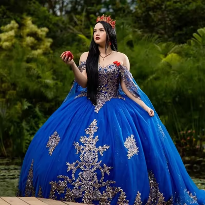 Royal Blue Off Shoulder Ball Gown Quinceanera Dresses 2025 Sweet 16 Princess Appliqued Lace With Cape Party Gowns Vestido De 15