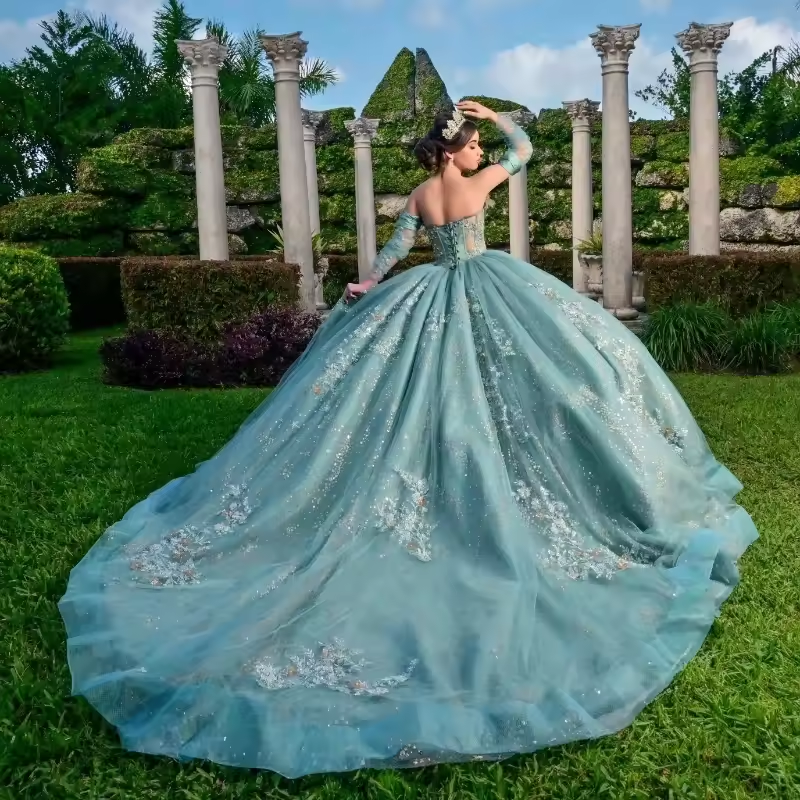 Aqua Blue Shiny Ball Gown Quinceanera Dress Off The Shoulder Sequined Appliques Lace Beads Crystal Tull Vestidos De 15 Años