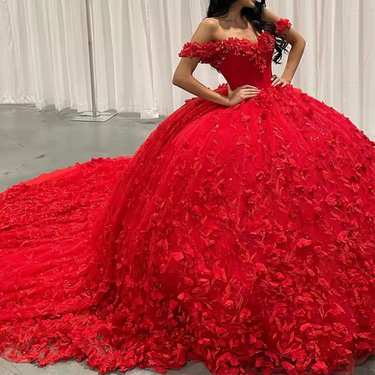 Vestidos de quinceanera vermelhos brilhantes, vestido de baile, ombro de fora, apliques de renda, contas, cristal, tule, espartilho, vestido para 16 anos, vestidos de 15