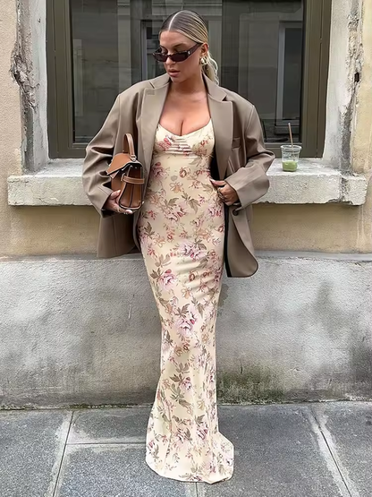 Flower Print Slit Suspender Dress For Women Plunge Sexy Holiday Party Long Dress Female 2025 New Sleeveless Dress Vestido