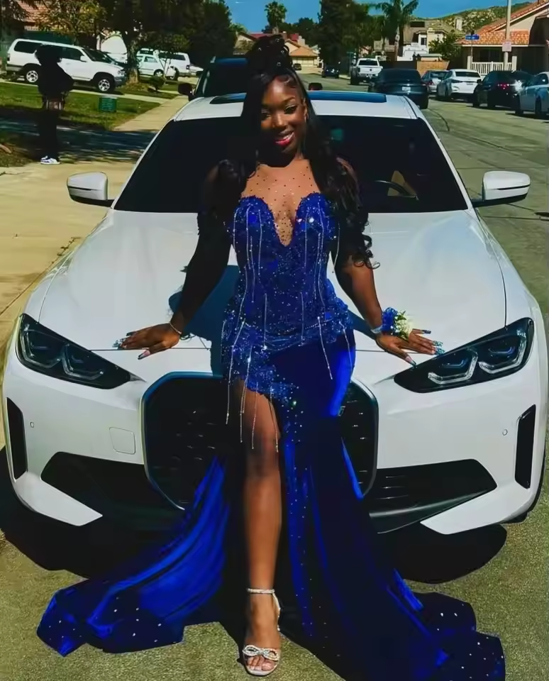 Royal Blue Long Velvet Prom Dresses For Black Girl Bead Crystal Rhinestone Evening Dress 2025 Birthday Luxury Dresses Customized