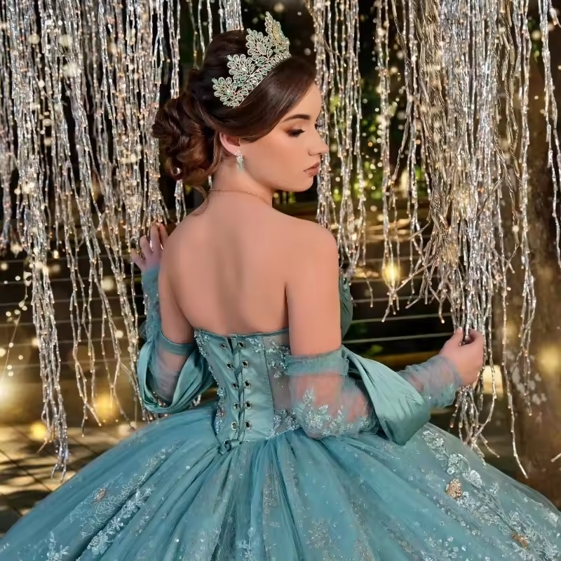 Aqua Blue Shiny Ball Gown Quinceanera Dress Off The Shoulder Sequined Appliques Lace Beads Crystal Tull Vestidos De 15 Años