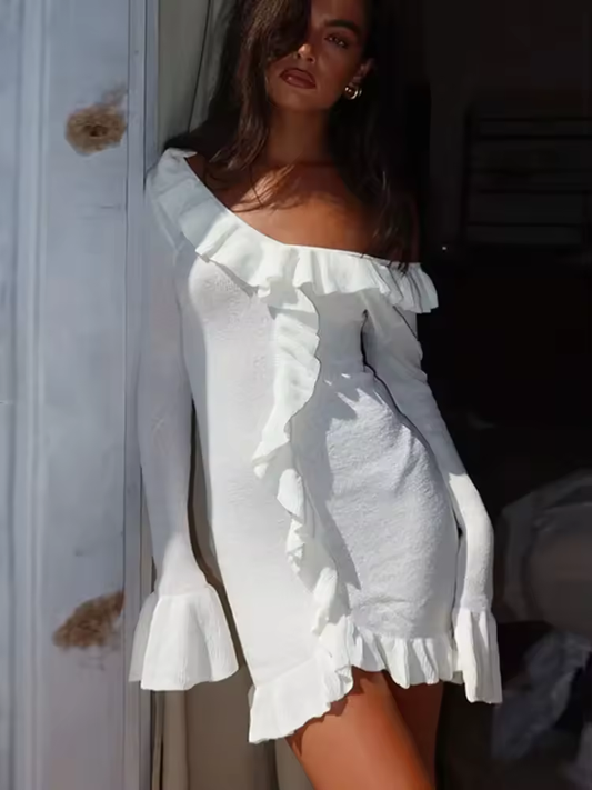 Knitted Ruffled Long Sleeve Dress Women's Slim V Neck Holiday Mini Dress Elegant Solid Splice Atumn Fashion Clothes