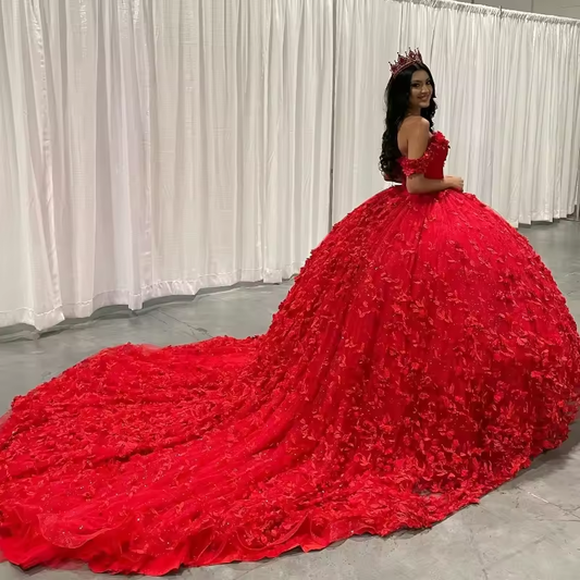 Red Shiny Quinceanera Dresses Ball Gown Off The Shoulder Lace Applique Beaded Crystal Tull Corset Sweet 16 Dress Vestidos De 15