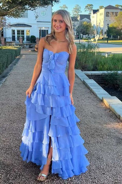 Pink Strapless A-Line Layered Chiffon Side Slit Formal Prom Dress