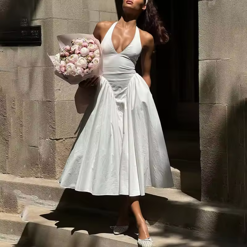 Sexy Deep V Hollow Halterneck Large Hem Dress For Women Solid High Waisted Backless Splice Summer New Vacation Long Dress