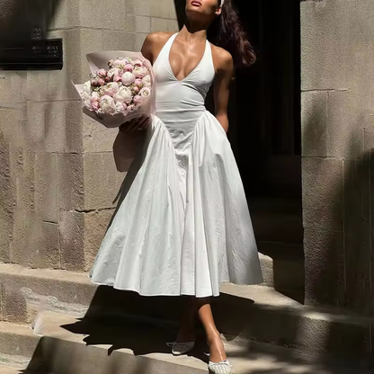 Sexy Deep V Hollow Halterneck Large Hem Dress For Women Solid High Waisted Backless Splice Summer New Vacation Long Dress