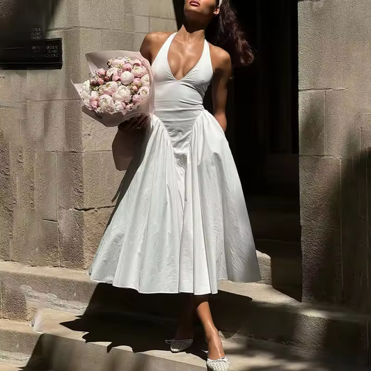 Sexy Deep V Hollow Halterneck Large Hem Dress For Women Solid High Waisted Backless Splice Summer New Vacation Long Dress