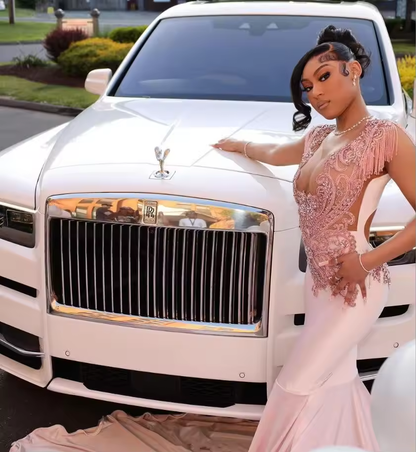 Peach Pink Mermaid Sparkly Prom Birthday Dresses Luxury Tassel Crystal Chapel Train Evening Ceremony Party Gown black girl