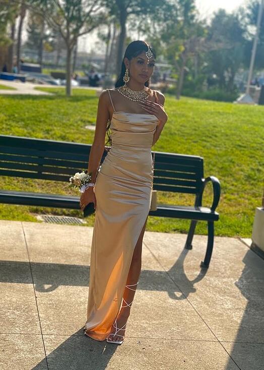 Sexy Champagne Split Long Stain Prom Dresses