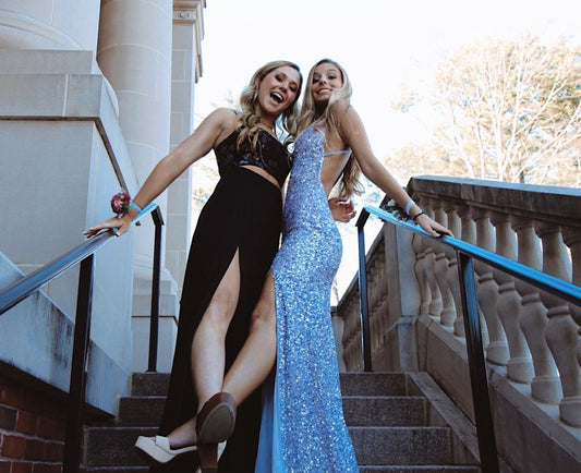 Glitter Mermaid V Neck Cross Back Blue Sequin Prom Dresses with Slit,Cross Back Tight Evening Party Gown