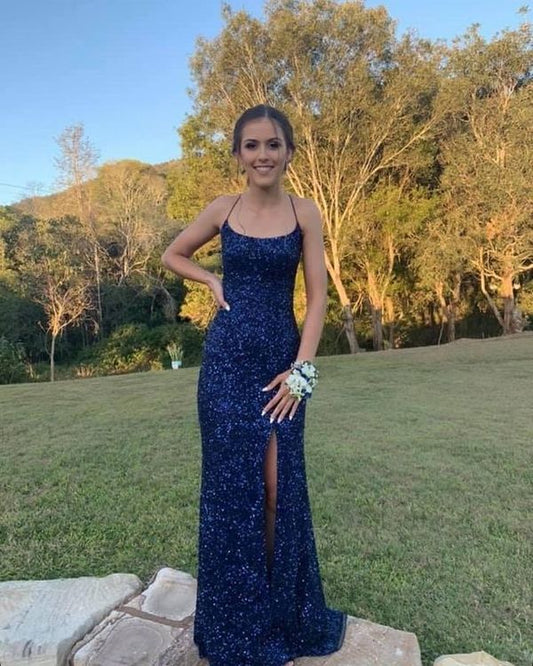 Navy blue sequin cross back prom dresses