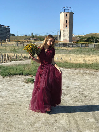 Prom dress long burgundy, Tulle wedding dress, Formal evening dress, Maxi infinity dress, Graduation party dress, Bridesmaid dress