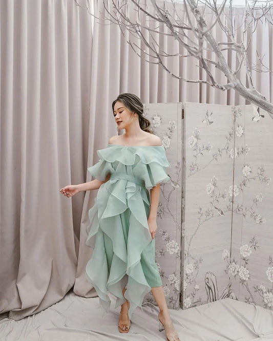 premium woman organza dress, drapped wedding guest gown, ruffled vintage prom dress, holiday woman formal attire, drapery midi dress