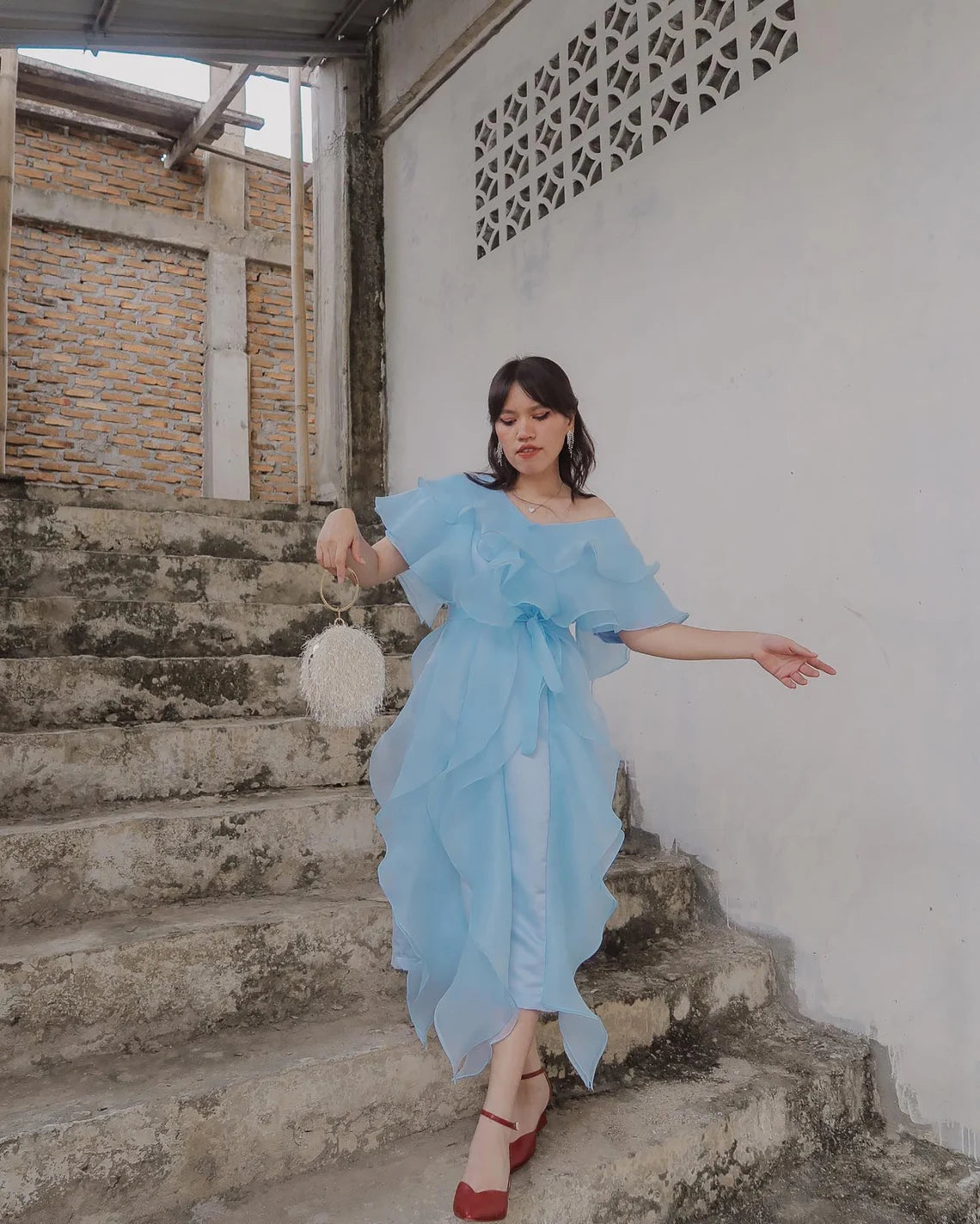 premium woman organza dress, drapped wedding guest gown, ruffled vintage prom dress, holiday woman formal attire, drapery midi dress