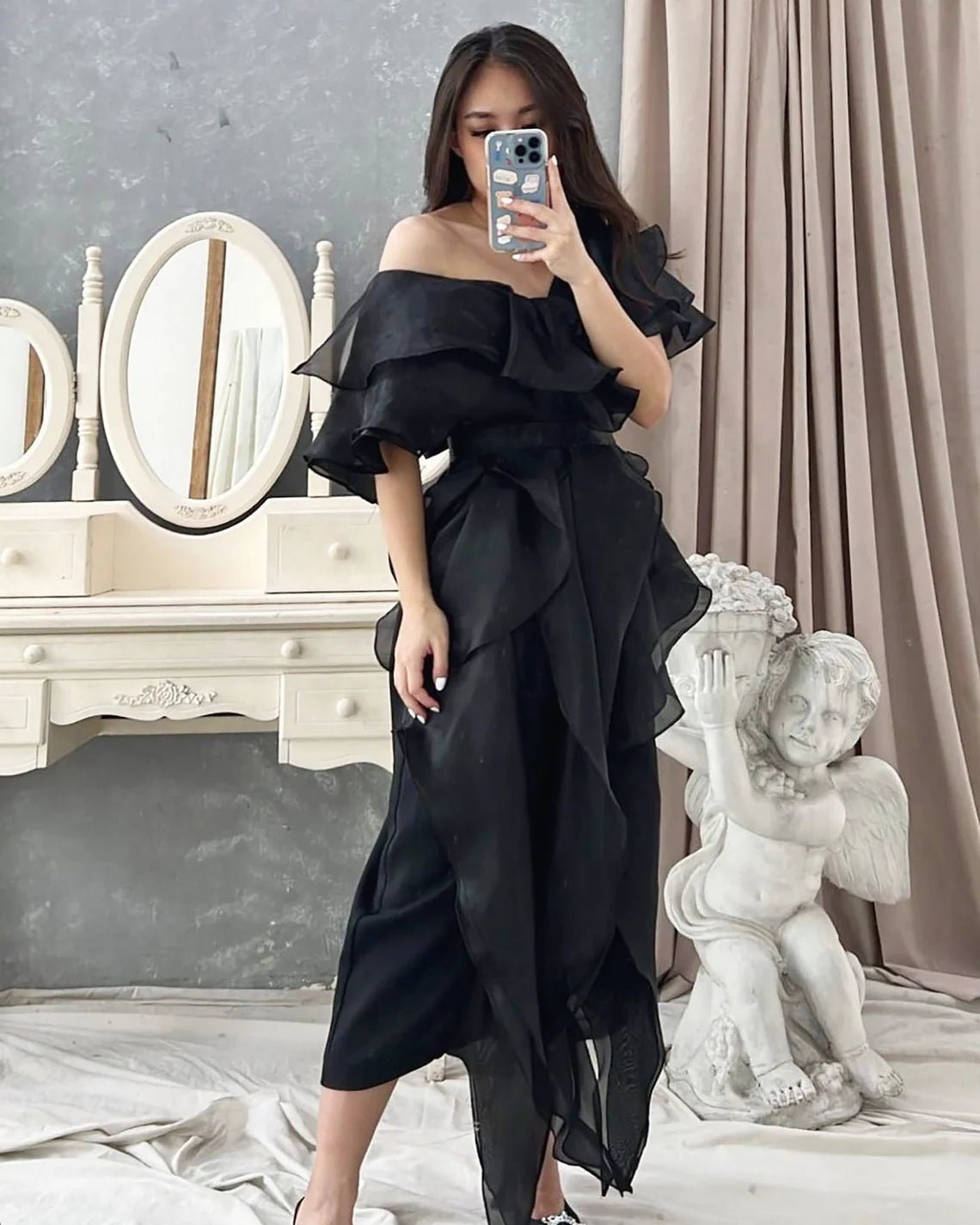 premium woman organza dress, drapped wedding guest gown, ruffled vintage prom dress, holiday woman formal attire, drapery midi dress