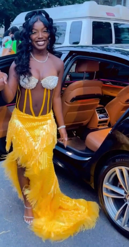 Vestido largo de fiesta, vestido de lentejuelas, vestido de sirena, vestido de fiesta con plumas