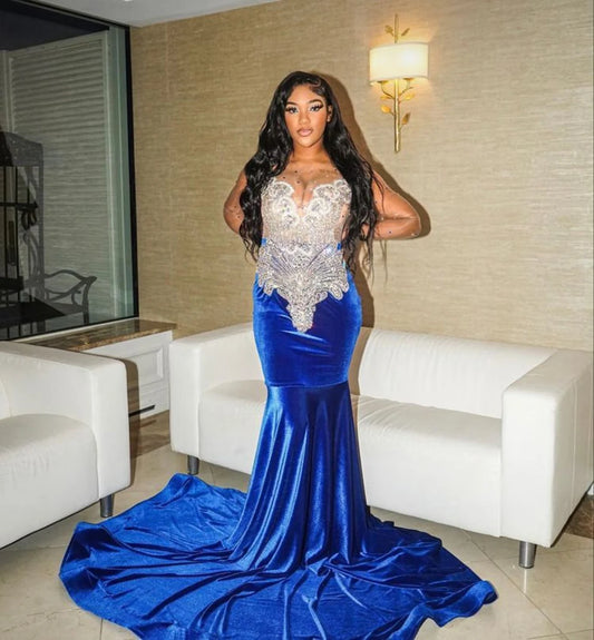Blue Velvet Embellished Mermaid Dress, Sleeveless Dress,Long Prom Dress, Wedding Dress, Black Girl Dress,Reception Dress,Free Shipping