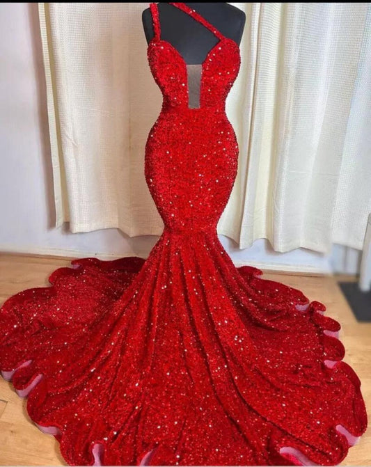 Long Seqins Red Mermaid Dress, Sleeveless Dress,Long Prom Dress, Wedding Dress, Black girl dress,Reception Dress,Free Shipping
