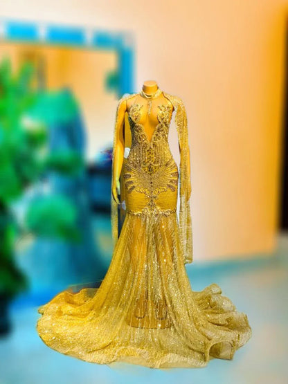 African Prom dress, luxury gold mermaid prom dress, homecoming dress, bridesmaid embellished dress, evening dress, birthday photoshoot dress