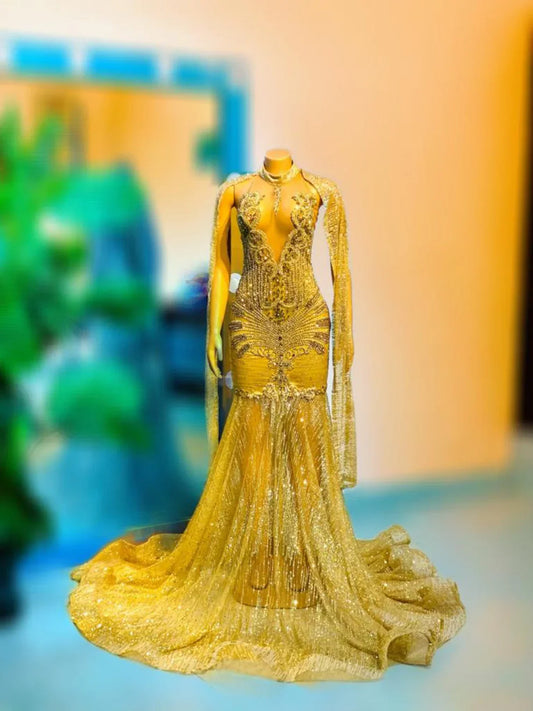 African Prom dress, luxury gold mermaid prom dress, homecoming dress, bridesmaid embellished dress, evening dress, birthday photoshoot dress
