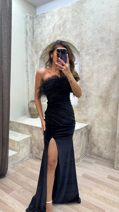 Chest feather detail slit design evening dress
